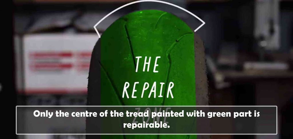Repairable zone on the tubeless motorcycle tire